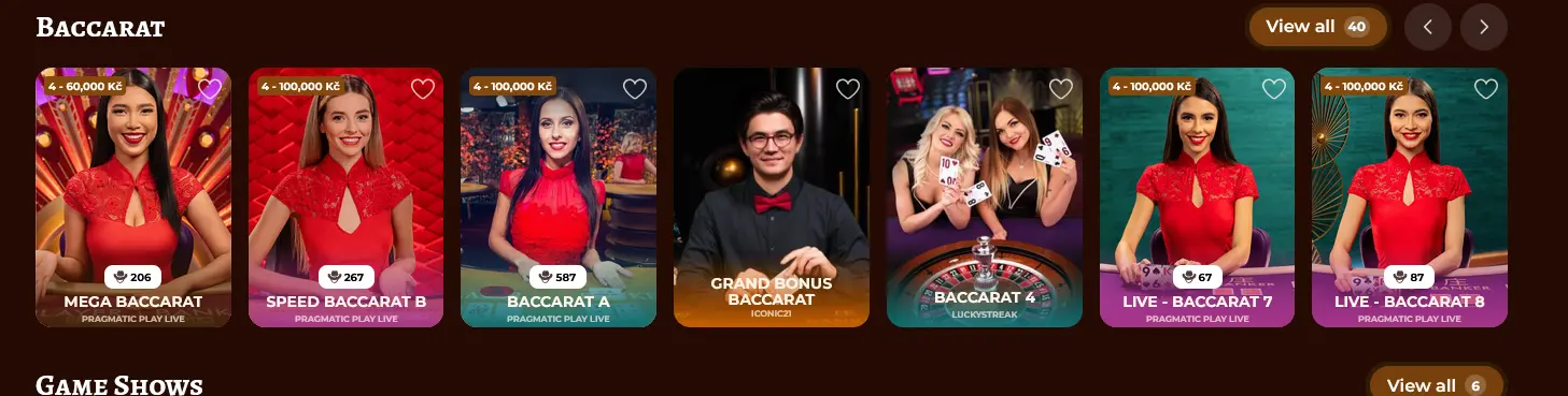 Baccarat-Tisch im Live-Casino-Bereich von PlayJonny