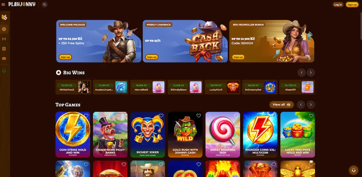 PlayJonny Casino Lobby mit Slots und Live-Tischen
