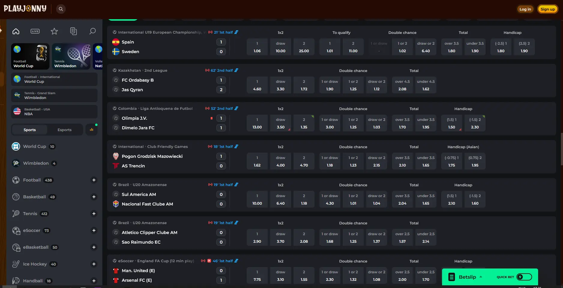 Sportwetten-Übersicht mit Live-Events bei PlayJonny